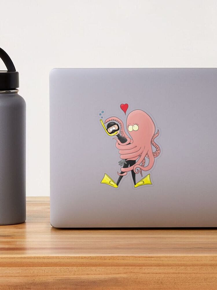Funny octopus hugs diver cartoon humour  Sticker for Sale by