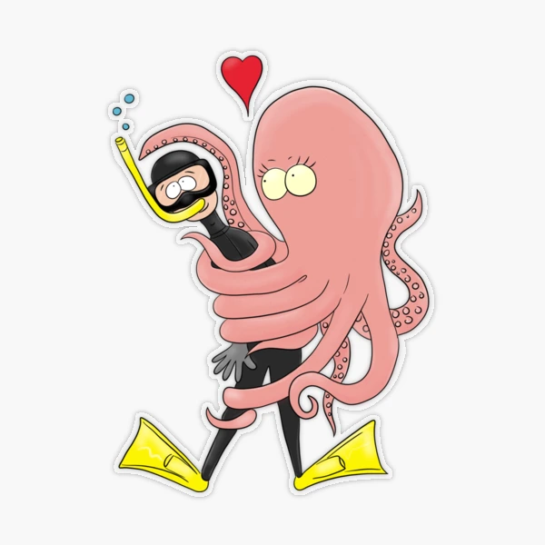 Funny octopus hugs diver cartoon humour | Sticker