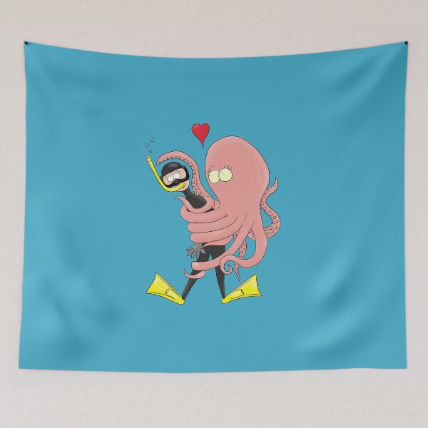 Item preview, Funny octopus hugs diver cartoon humour  designed and sold by FrogFactory.