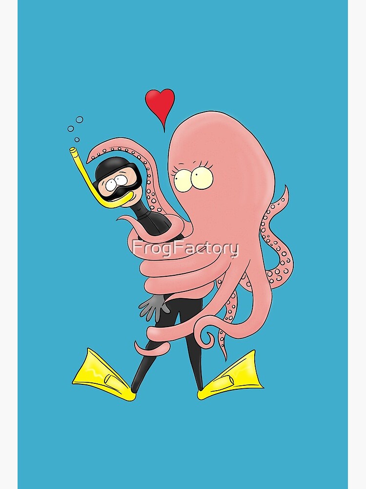 Funny octopus hugs diver cartoon humour | Art Board Print