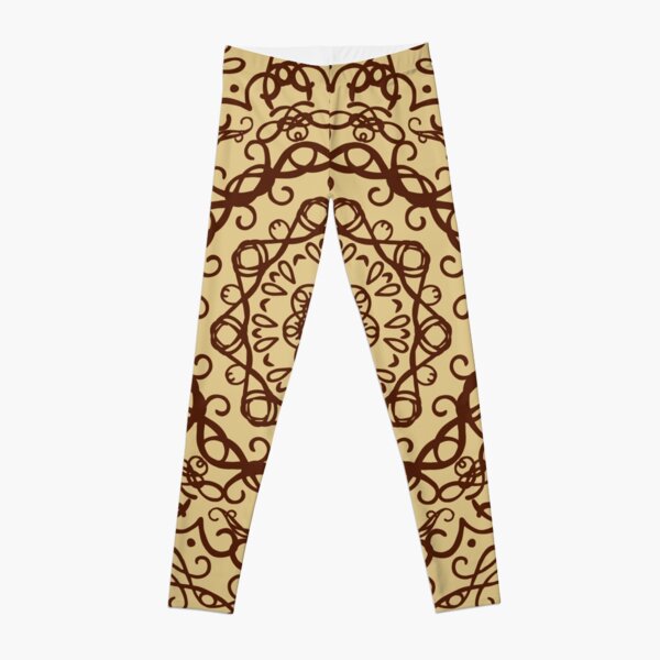 Mandala Print Yoga Pants, Brown Leggings With Gold Mandala Print