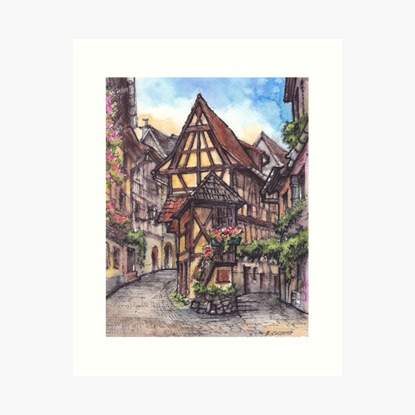 Item preview, Eguisheim, Alsace - ink and watercolor illustration designed and sold by Art-By-Ewelina.