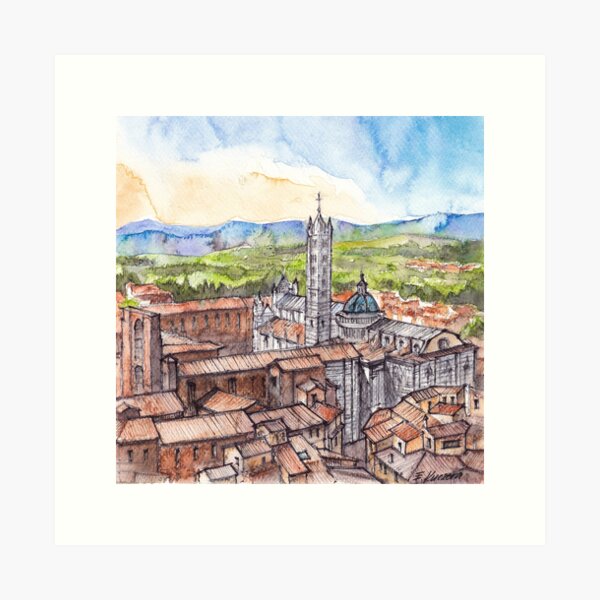 Item preview, Siena, Italy - ink and watercolor illustration designed and sold by Art-By-Ewelina.
