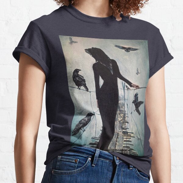 Raven Crossing - Painting of a Woman in Black Standing on an Old Bridge Surrounded by Ravens Classic T-Shirt