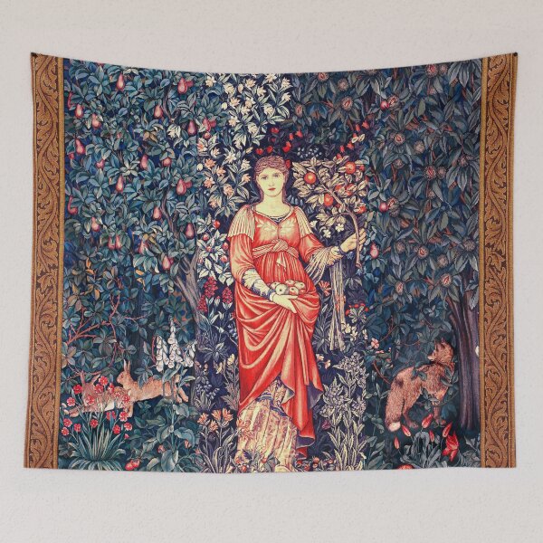 Item preview, POMONA GODDESS OF ABUNDANCE HOLDING FRUITS IN GREENERY, FOREST ANIMALS Fox,Hares Grey Red Blue White Floral designed and sold by BulganLumini.