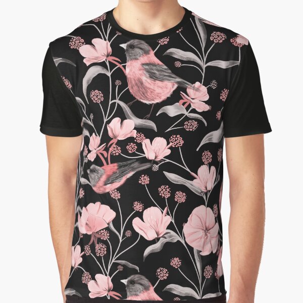 Pink Birds and Flowers Graphic T-Shirt
