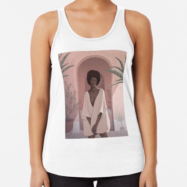 Feeling Peachy - Pretty Black Girl with Full Afro in Spanish Court Yard Surrounded by Plants Leaves - Digital Illustration by MadliArt Racerback Tank Top