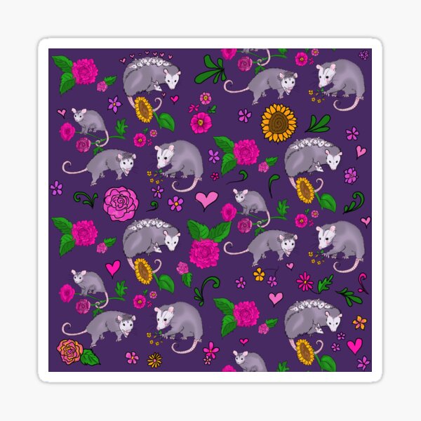 Trash Royalty in Dark Purple Floral Possum Print Animals with Flowers Sticker