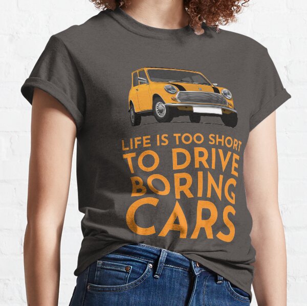 Aperçu de l'œuvre La vie est trop courte pour conduire des voitures ennuyeuses - Orange Austin Morris Mini créée et vendue par knappidesign.