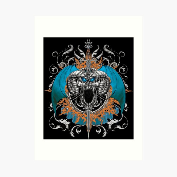 Blue Demon Wings & Skull Art Print