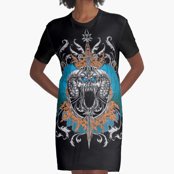 Blue Demon Wings & Skull Graphic T-Shirt Dress