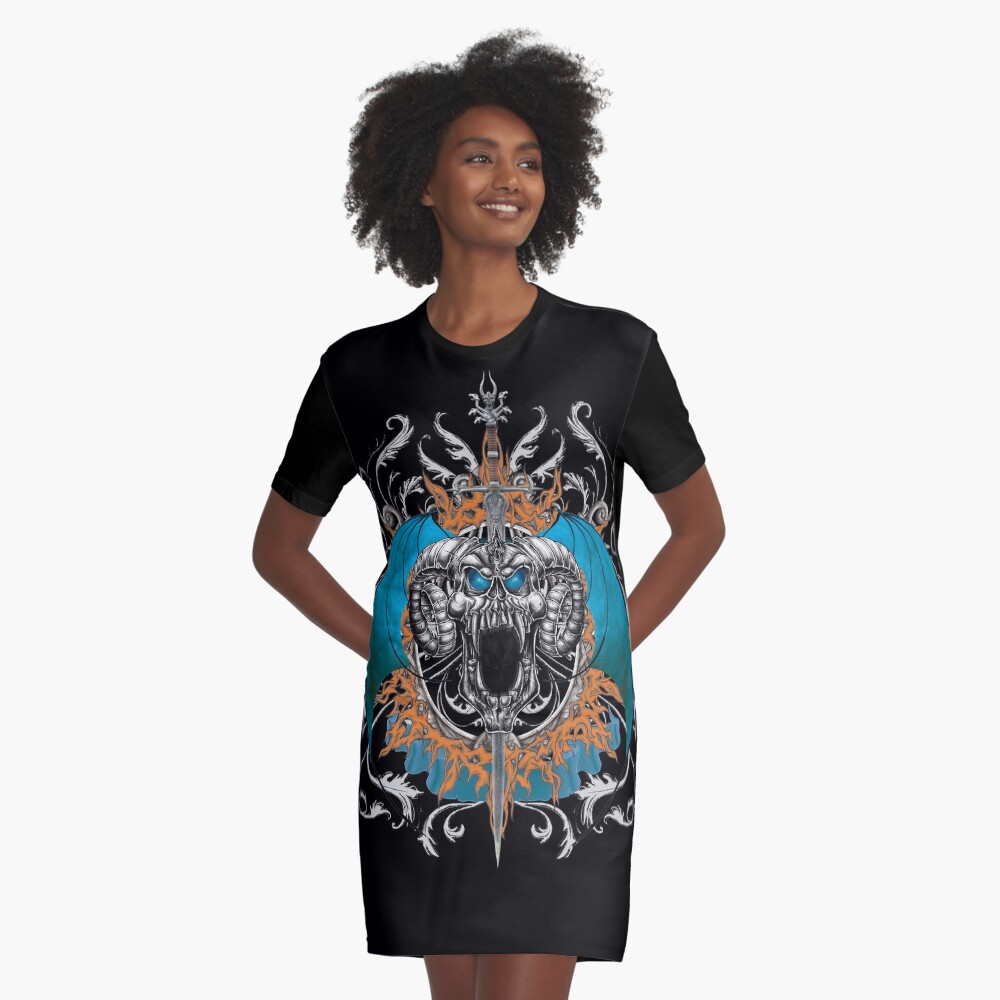 Blue Demon Wings & Skull Graphic T-Shirt Dress