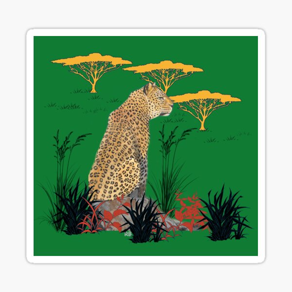 Leopard in Savannah with Green Background Sticker