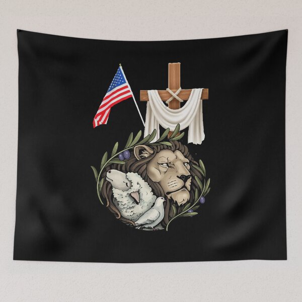Item preview, Lion And Lamb Cross Sheep Dove America Flag designed and sold by Dressed For  Duty.