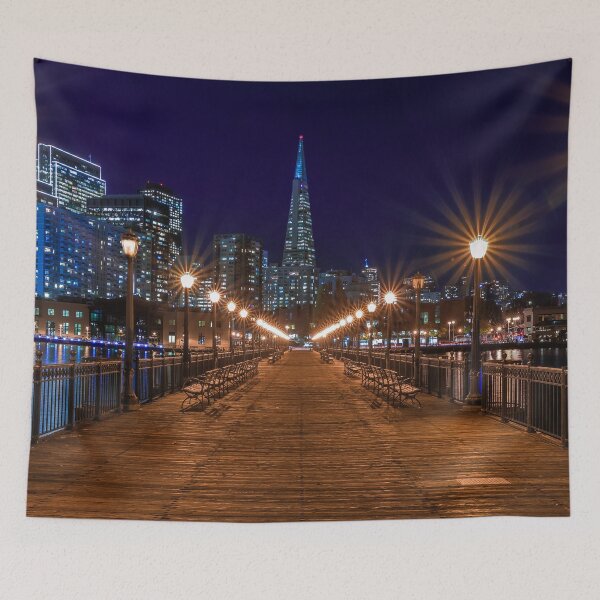 Item preview, Downtown San Francisco, Embarcadero Building and the Transamerica Pyramid, decorated for Christmas from famous romantic wooden Pier 7 at sunset. designed and sold by SvetlanaSF.