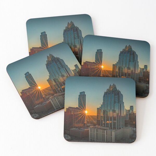 Item preview, City rooftops and downtown skyline with a sunburst at sunset in Austin, Texas. designed and sold by SvetlanaSF.