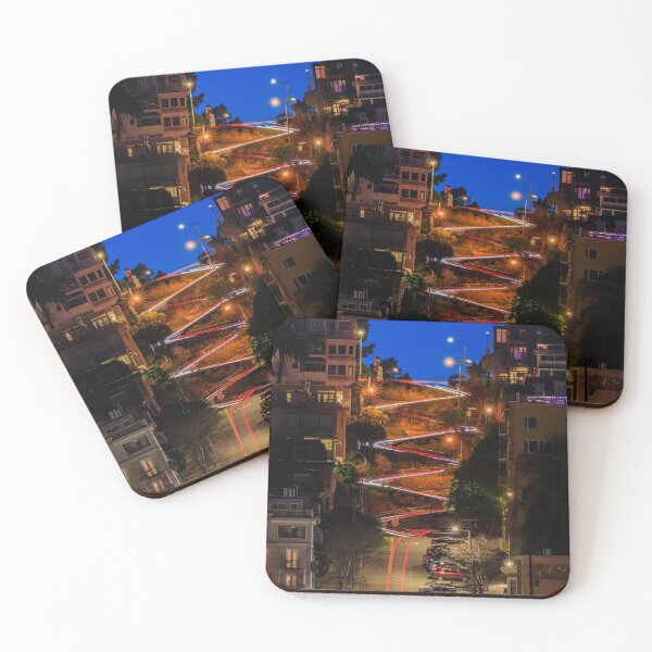 Item preview, The famous crooked Lombard Street, San Francisco California at sunset. High angle view of illuminated homes, long exposure with car light trails and light bursts  designed and sold by SvetlanaSF.