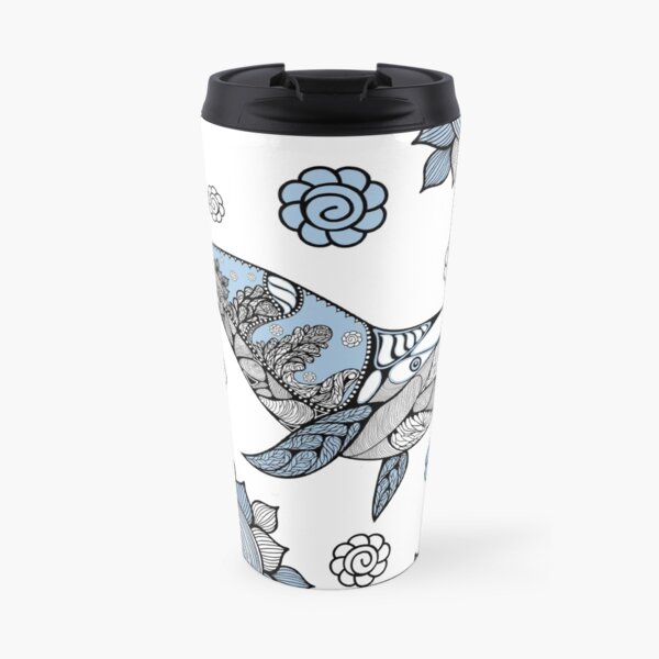 Big blue whale with wavy ornaments and hand drawn shapes Travel Mug
