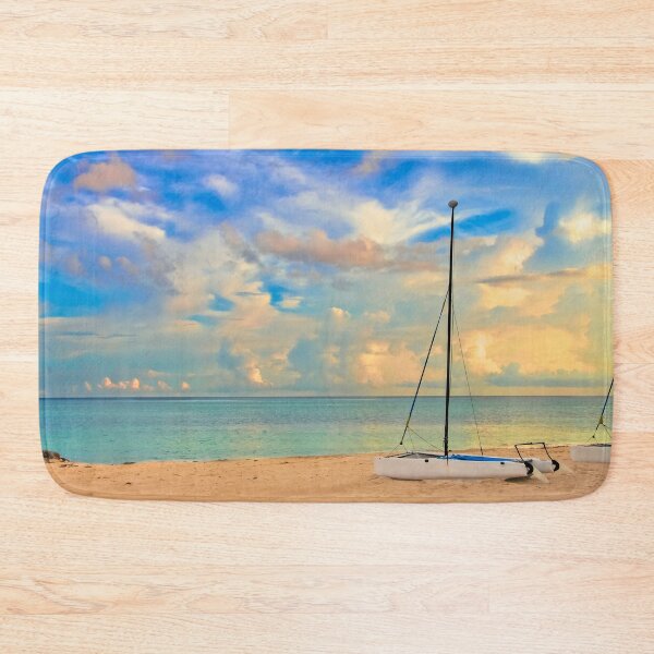 Item preview, Catamaran on a tropical beach by the turquoise waters of the Caribbean sea, Freeport, Bahamas, and stunning clouds in the background at sunset. designed and sold by SvetlanaSF.