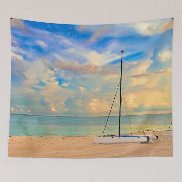 Item preview, Catamaran on a tropical beach by the turquoise waters of the Caribbean sea, Freeport, Bahamas, and stunning clouds in the background at sunset. designed and sold by SvetlanaSF.