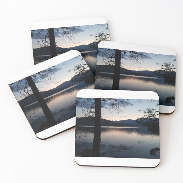 Item preview, Shimmering evening sunset on a mountain lake.  Beautiful blues, greys, orange, silver and black. designed and sold by MountMercantile.