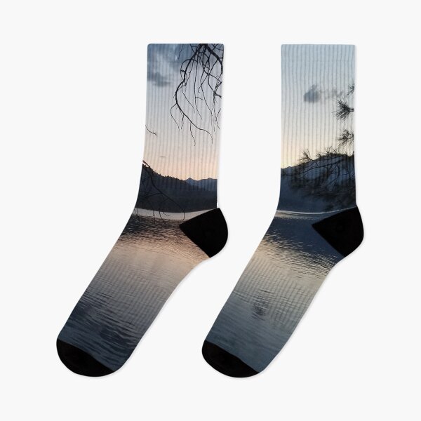 Item preview, Shimmering evening sunset on a mountain lake.  Beautiful blues, greys, orange, silver and black. designed and sold by MountMercantile.