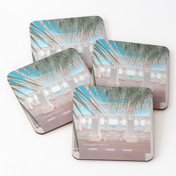 Item preview, Mediterranean Sea, white colonnade, benches, and palm trees on Promenade des Anglais at sunset in the French Riviera, Nice, Cote d'Azur, France. designed and sold by SvetlanaSF.