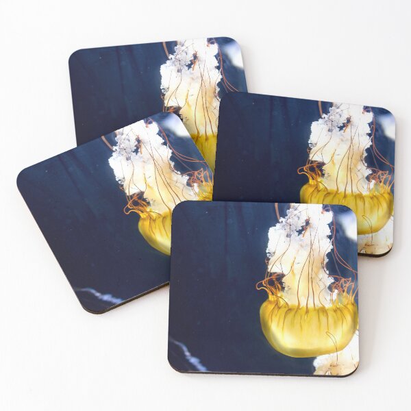 Item preview, Jellyfish sea nettle is an animal that is found in ocean also called as Medusa Jellyfish. Glowing aquatic animal yellow color on black background designed and sold by Artsy Boulevard.