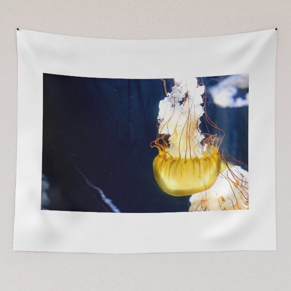Item preview, Jellyfish sea nettle is an animal that is found in ocean also called as Medusa Jellyfish. Glowing aquatic animal yellow color on black background designed and sold by Artsy Boulevard.
