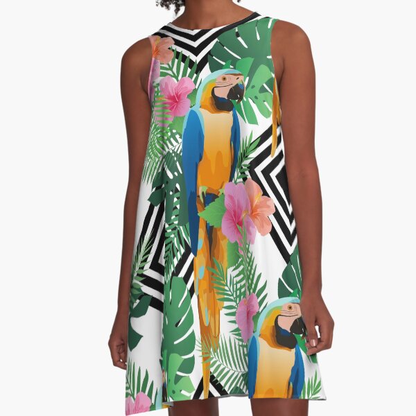 Exotic hibiscus flowers, parrot ara and palm leaves. A-Line Dress