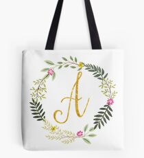 Floral and Gold Initial Monogram A Tote Bag