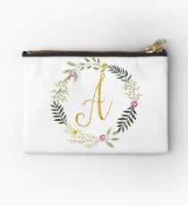 Floral and Gold Initial Monogram A Studio Pouch