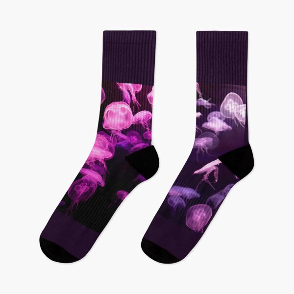 Item preview, Jellyfish animal that is found in ocean also called as Moon Jellyfish. Glowing pink color on black background designed and sold by Artsy Boulevard.