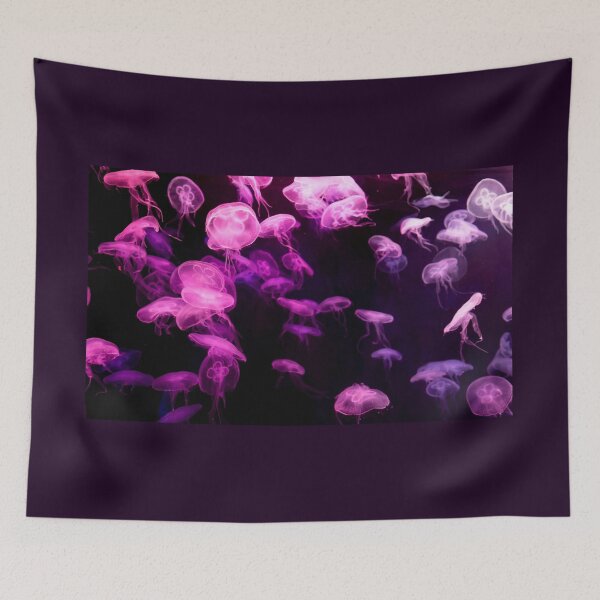 Item preview, Jellyfish animal that is found in ocean also called as Moon Jellyfish. Glowing pink color on black background designed and sold by Artsy Boulevard.