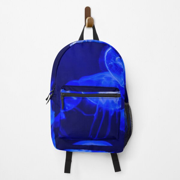 Item preview, Jellyfish animal that is found in ocean also called as Moon Jellyfish. Glowing blue color on black background designed and sold by Artsy Boulevard.