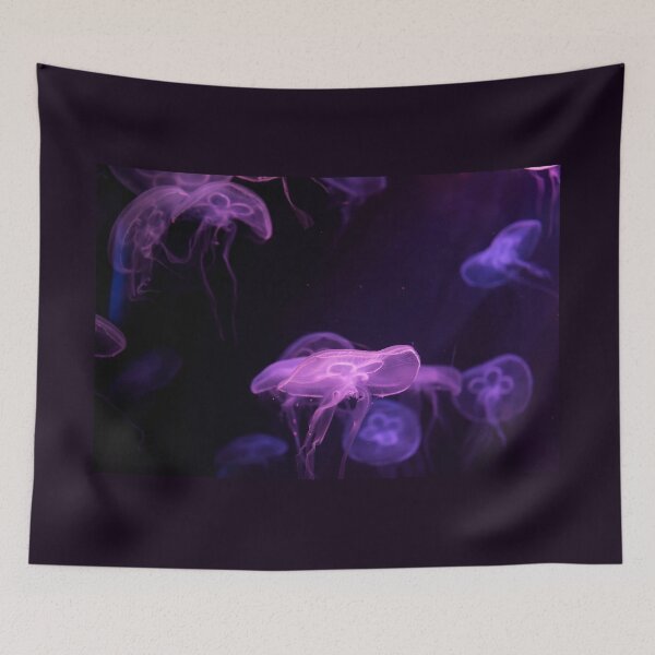 Item preview, Jellyfish animal that is found in ocean also called as Moon Jellyfish. Glowing purple color on black background designed and sold by Artsy Boulevard.