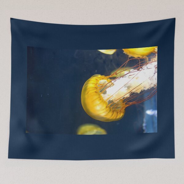 Item preview, Jellyfish sea nettle is an animal that is found in ocean also called as Medusa Jellyfish. Glowing aquatic animal yellow color on black background designed and sold by Artsy Boulevard.