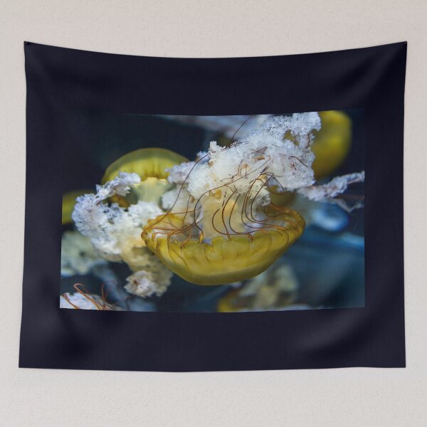 Item preview, Jellyfish sea nettle is an animal that is found in ocean also called as Medusa Jellyfish. Glowing aquatic animal yellow color on black background designed and sold by Artsy Boulevard.