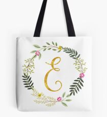 Floral and Gold Initial Monogram E Tote Bag