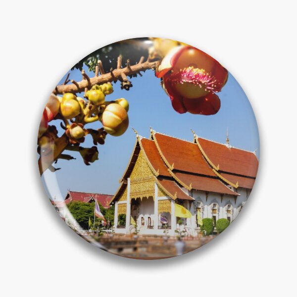 Item preview, Temple in Chiang Mai, Thailand with the branch in flowers on the foreground.  designed and sold by Rrrainbow.