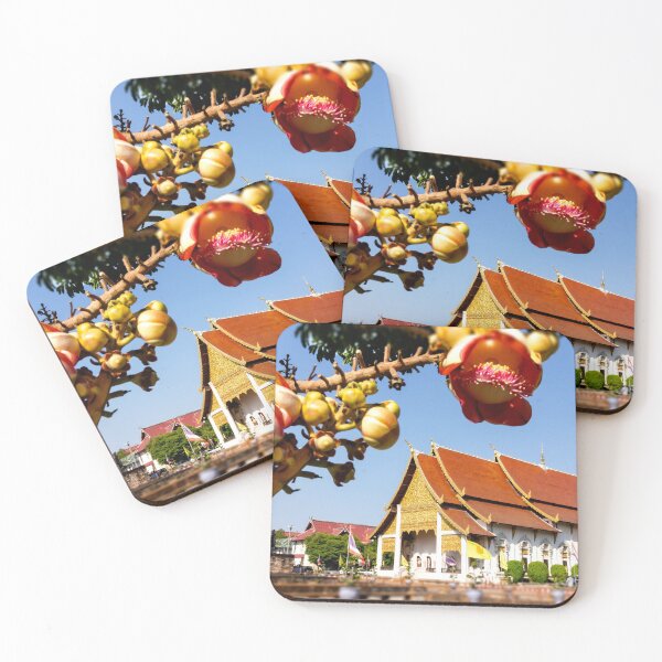 Item preview, Temple in Chiang Mai, Thailand with the branch in flowers on the foreground.  designed and sold by Rrrainbow.