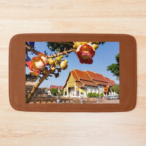 Item preview, Temple in Chiang Mai, Thailand with the branch in flowers on the foreground.  designed and sold by Rrrainbow.