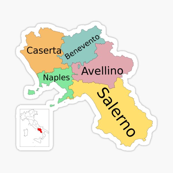 Map Of Region Of Campania Italy With Provinces Sticker For Sale By