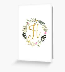 Floral and Gold Initial Monogram H Greeting Card
