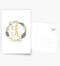 Floral and Gold Initial Monogram K Postcards