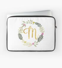 Floral and Gold Initial Monogram M Laptop Sleeve