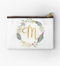 Floral and Gold Initial Monogram M Studio Pouch
