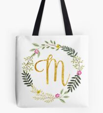 Floral and Gold Initial Monogram M Tote Bag