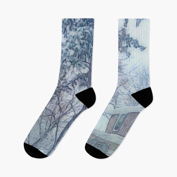 Item preview, Snowfall with Evergreen and a Little Brick House painting designed and sold by JinjerS.