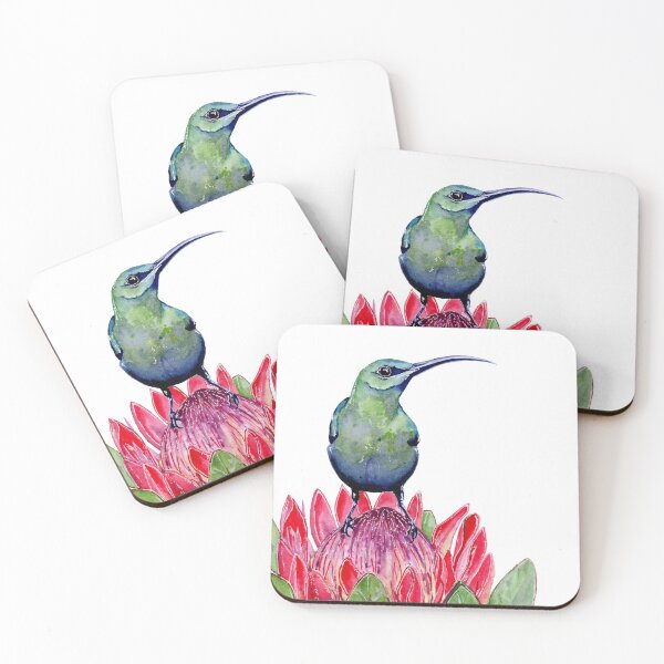 Item preview, Malachite Sunbird on Protea Flower Watercolor designed and sold by carleeclarkeart.